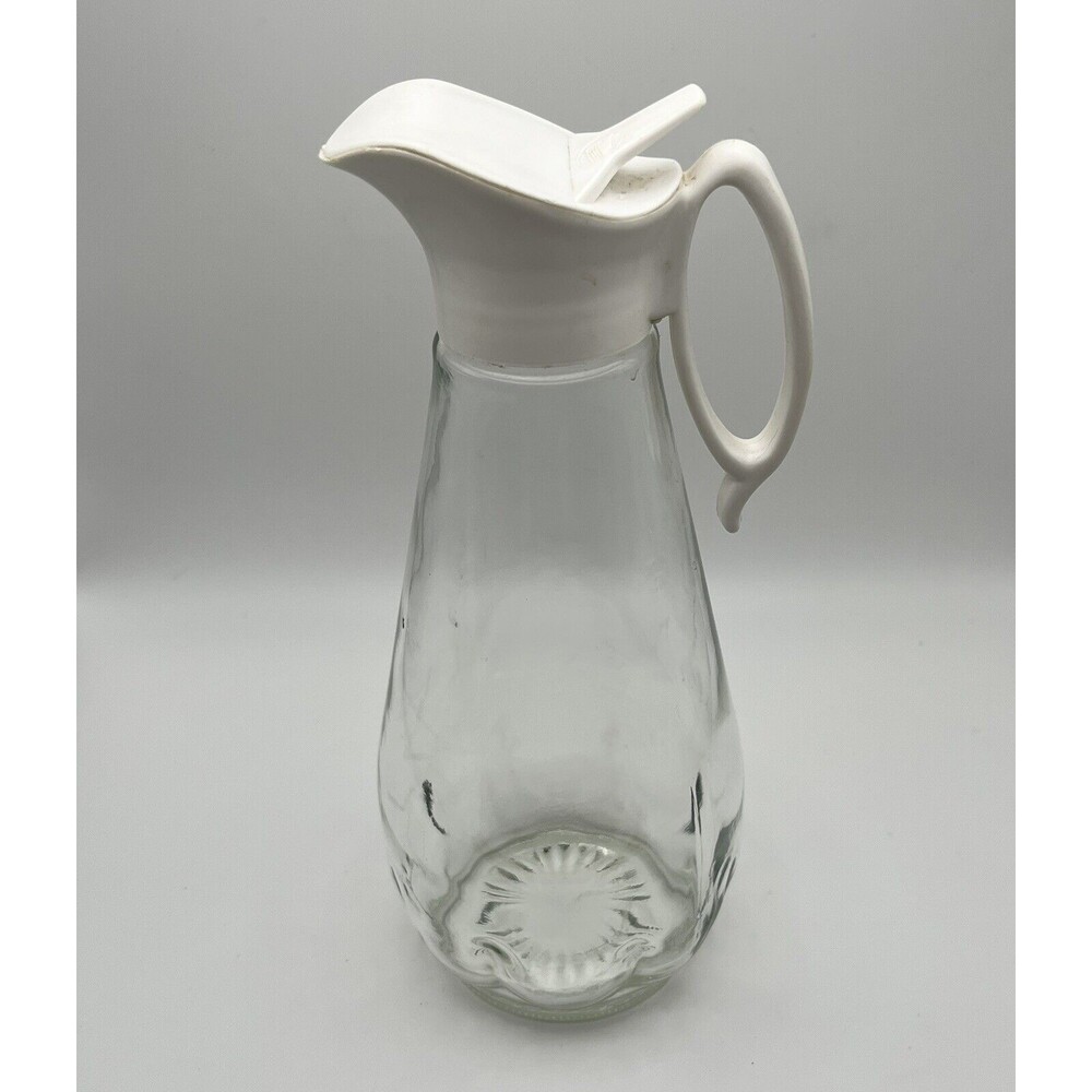 Vintage 1970’s Log Cabin Clear Glass Maple Syrup Dispenser/Pitcher W/ White Lid